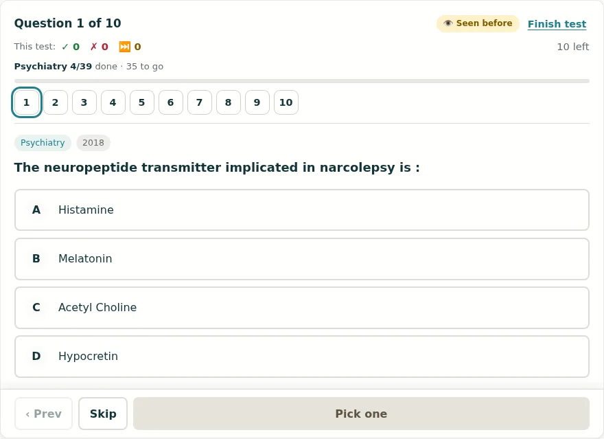 The practice screen: question 1 of 10 with a numbered navigator, subject progress and four answer options